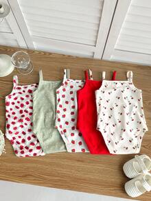 SHEIN Bộ áo liền quần tay ngắn dệt kim dễ thương, thoải mái cho bé gái, họa tiết chấm bi, dâu tây, hoa nhí, nhiều màu - Nhiều màu - Xem 2