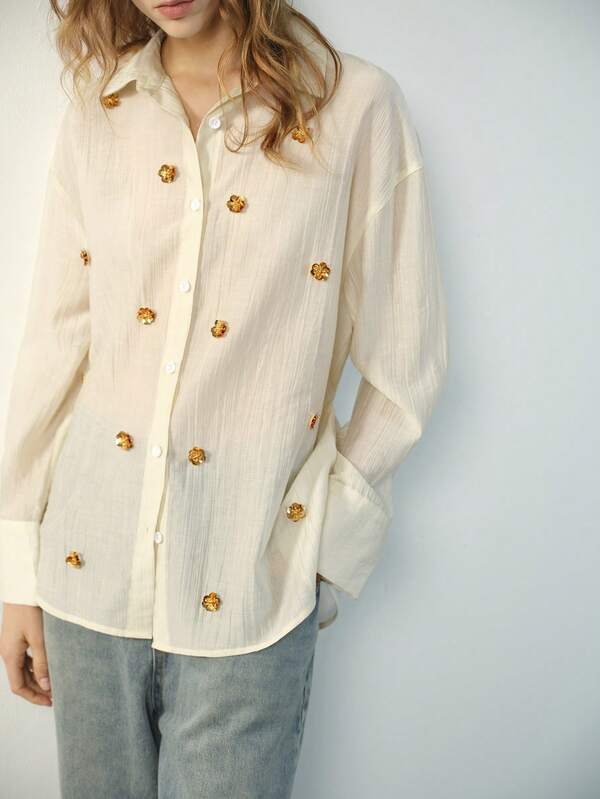 Maija Women's Casual Sequin Flower Decor Front Button Long Sleeve Shirt, Autumn Button Down Blouse Vintage Shirt Vacation Pearl Shirt