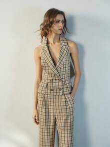 Maija Women's Spring/Summer Casual, Office, Commute Plaid Print Lapel Collar Backless Halter Vest And Suit Pants Set - Multicolor - View 5