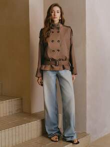 Anewsta Women's Casual Fashion Daily Commute High Collar Double-Breasted Buckle Belted Trench Coat, Autumn - Brown - View 4