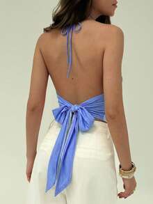 Aloruh Women's Fashion Print Fitted Halter Beaded Cropped Tank Top, Summer Backless - Blue - View 2