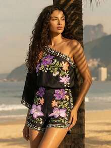 CAJUNI 女士夏季度假沙滩印花无袖连体衣 - 黑色 - 查看 4