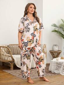 Serenescape Conjunto de Pijama com Cardigan de Gola Lapela com Estampa Floral Enrugada e Calça para Mulheres Plus Size - Multicolorido - Visão 3