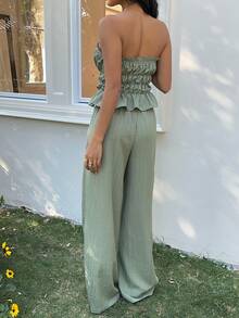 SHEIN EZwear Summer Outfits  2pcs Green Knit Casual Women Pleated Bandeau Top And Pants Set - Green - View 2