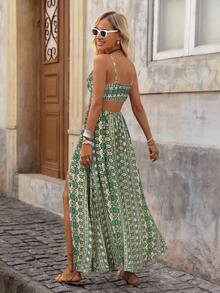 Brillora Women's Summer Vacation All-Over Print Slit Strap Dress ,Summer Dress - Green - View 2