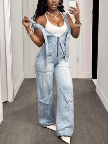 Slaydiva Women's Fashionable Washed Denim Bib Pants - Light Wash - View 4