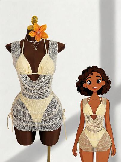  Zestiva-D 女士夏季柔和黄色薄纱特殊面料网纱分层泳衣套装，宽松荷叶边领口设计上衣和下装，紧身内衬，温柔性感风格，海滩度假泳装套装