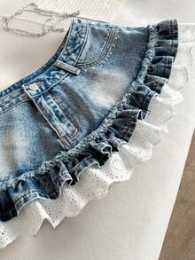 Elamini 女士牛仔裙，带口袋和荷叶边裙摆 - 黑色 - 查看 4