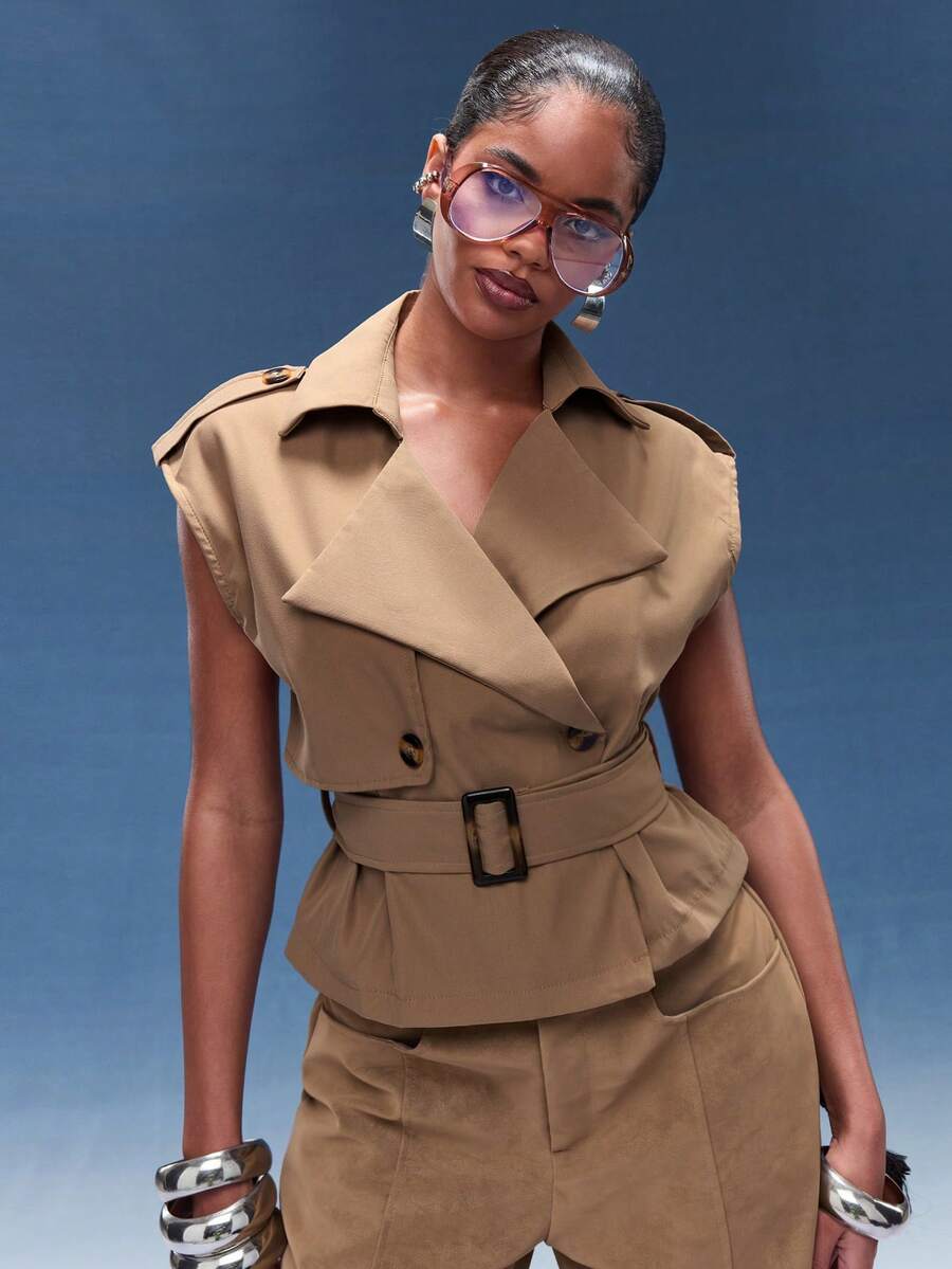 Normani 卡其色翻领系带长款风衣，复古外套，冬季外套，节日装 - 卡其色 - 查看 1