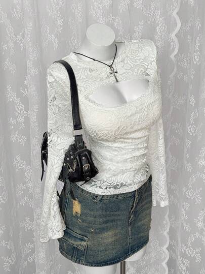 Sunspun 大码女式圆领长袖镂空蕾丝T恤