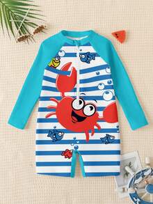 SHEIN Young Boy Casual Slim Fit Round Neck Long Sleeve One-Piece Swimsuit, Suitable For Summer - Multicolor - View 2