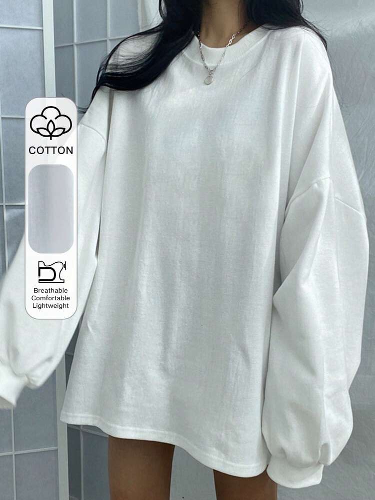 Solid Drop Shoulder Oversized Pullover,Long Sleeve Tops,Fall Clothes,Back To School Clothes Sweatshirt