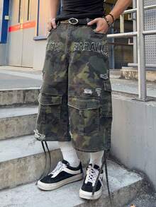 ROMWE MEN Men's Loose Fit Camouflage Denim Shorts - Army Green - View 5