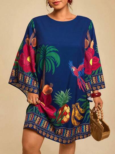 Travachic Plus Size Women's Tropical Floral Print Dress, Mid-Length Sleeve Dress