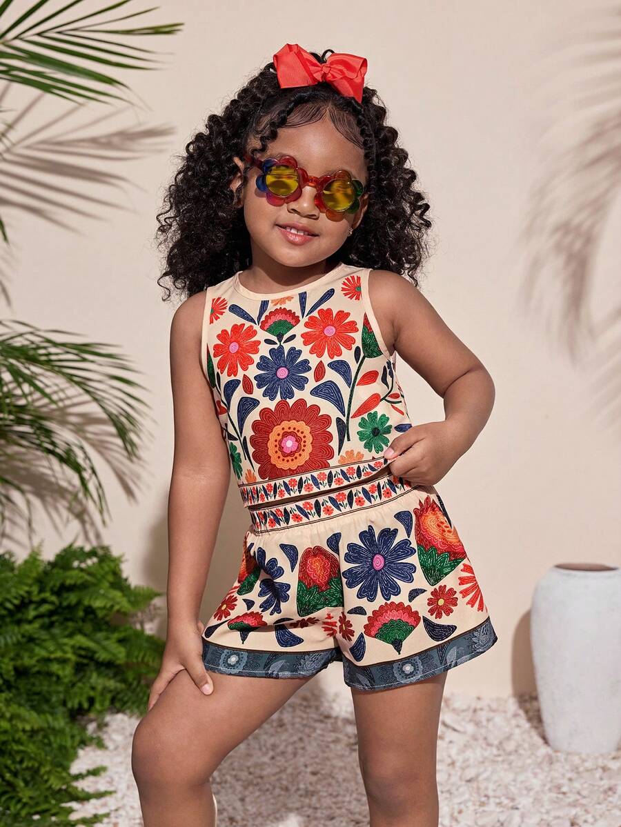 2pcs/Set Young Girls Tropical Floral Print Loose Vest And Shorts Set, Casual Vacation Beach Outfit, Summer New Arrival - Burnt Orange - View 1