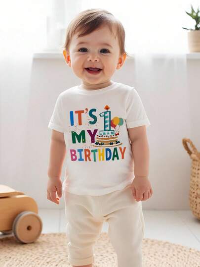 Baby Boy Fashionable & Comfortable Casual Round Neck Short Sleeve T-Shirt, Loose Fit Round Neck Tee With English Slogan & Birthday Pattern, Suitable For Spring/Summer Outfit, Streetwear, Outdoor, Party, Gift