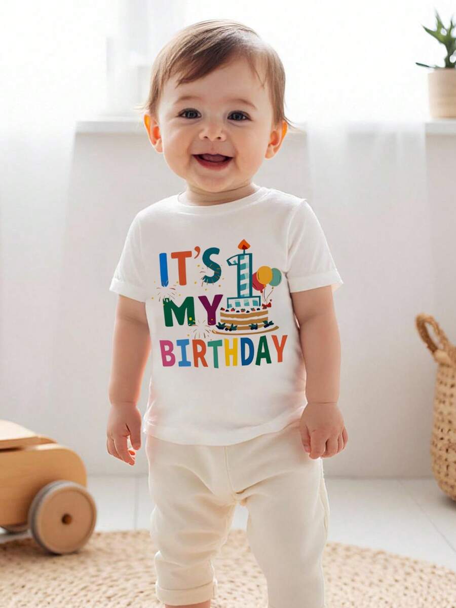Baby Boy Fashionable & Comfortable Casual Round Neck Short Sleeve T-Shirt, Loose Fit Round Neck Tee With English Slogan & Birthday Pattern, Suitable For Spring/Summer Outfit, Streetwear, Outdoor, Party, Gift - White - View 1