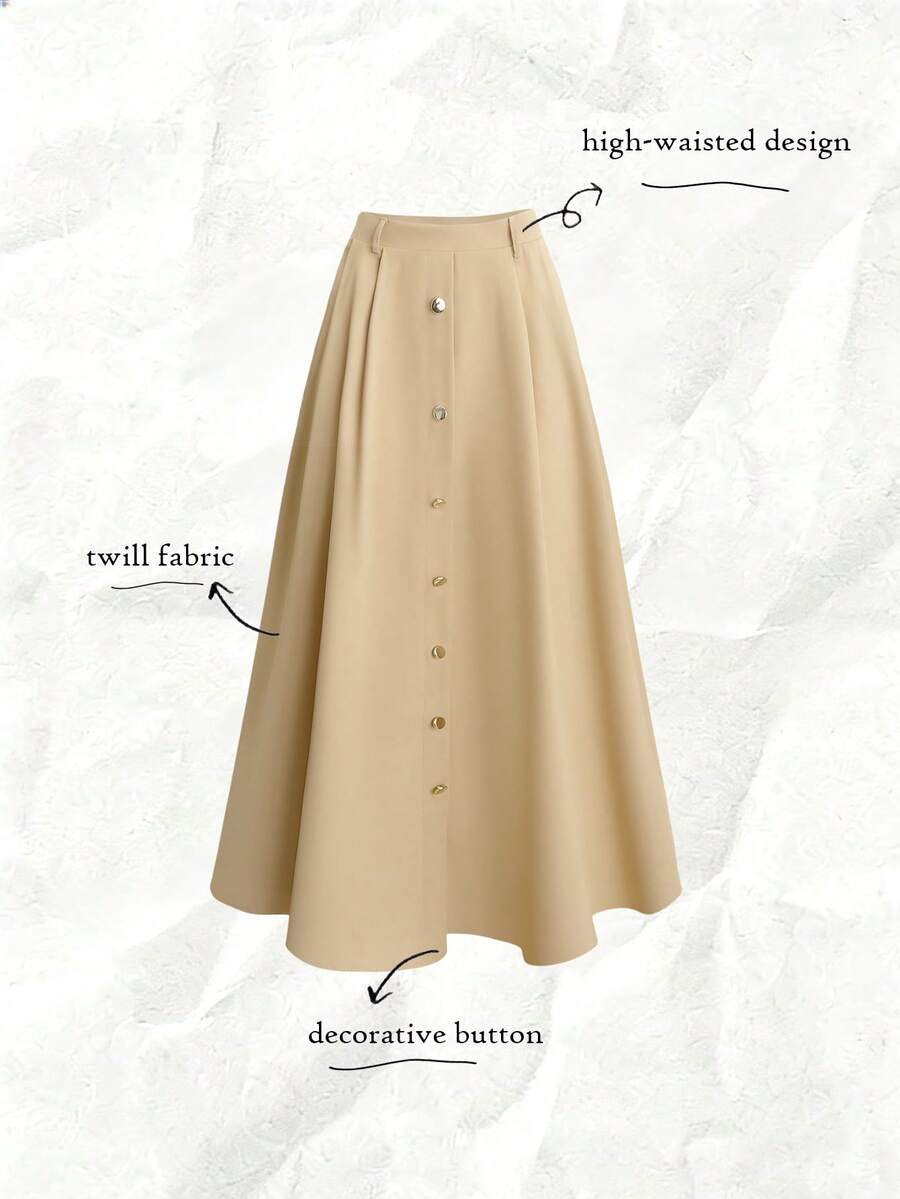 Olithes 简约浪漫优雅法式休闲百搭女式半身裙 白色毕业半身裙 夏季服装 - 卡其色 - 查看 1