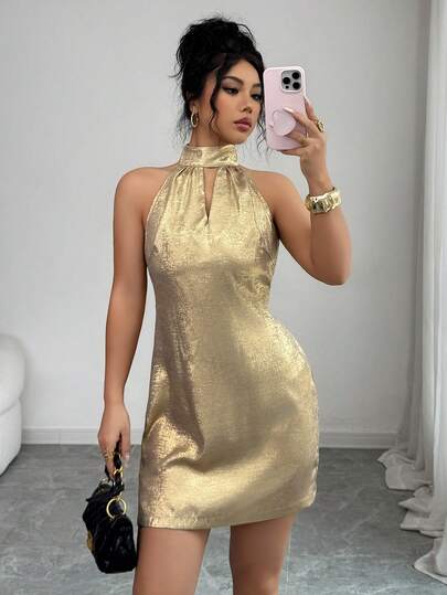 Rafferiza 女士新款金属质感露背时尚约会派对迷你连衣裙