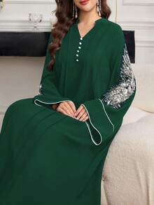 SHEIN Najma Elegant Dress With Beaded Collar Flower And Contrast Trim - Green - View 3