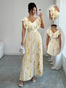 Elenzga Elegant Romantic V-Neck Ruffle Waist A-Line Dress For Women, Spring/Summer - Apricot - View 1