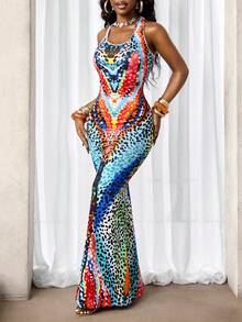 SHEIN BamGlam Women's Positioning Print Sexy Vacation Dress - Multicolor - View 3