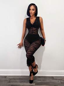 BamGleam 女士性感透视蕾丝深V领连体裤 - 黑色 - 查看 5