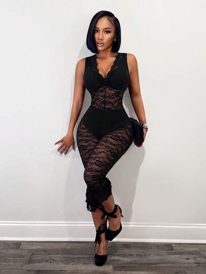 BamGleam Women's Sexy Sheer Lace Deep V-Neck Jumpsuit