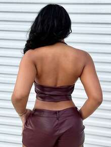 Alexandranx Women Buckle Front Backless Crop PU Leather Halter Top - Burgundy - View 2