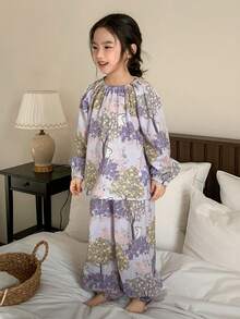 DAZY Young Girl Round Neck Ruffle Rabbit & Floral Print Lantern Sleeve Top And Wide Leg Drawstring Pants Casual Loungewear Pajama Set Spring - Purple - View 6