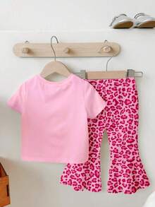 一套女婴可爱兔耳豹纹圆领短袖T恤和喇叭裤套装 - 彩色 - 查看 2