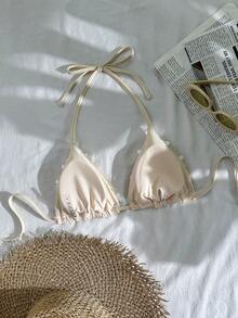 Swim SXY 亮片纹理挂脖三角罩杯比基尼上衣，性感女士泳装套装，适合春夏度假 - 杏色 - 查看 2