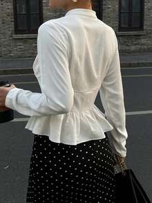 DAZY Elegant Ruffle Hem White Blouse For Women - White - View 2
