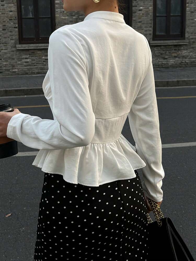 Elegant Ruffle Hem White Blouse For Women