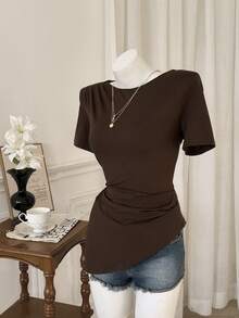 Modelyn Asymmetrical Ruched Waist Short Sleeve T-Shirt, Summer - Coffee Brown - View 4