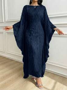 Al Najma 女士纯色船领蝙蝠袖优雅阿拉伯传统长裙 - 藏蓝色 - 查看 1