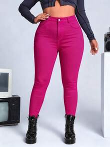 SHEIN ICON Plus Size Women High Waist Pockets Skinny Casual Versatile Denim Jeans - Hot Pink - View 6