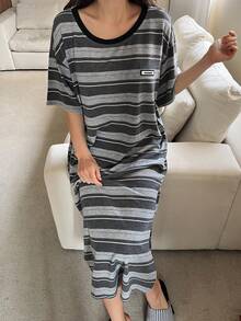 DAZY Striped Pattern Loose Short Sleeve T-Shirt & Long Dress Women Loungewear Set - Grey - View 6
