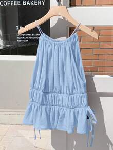 Comfortcana Light Blue Ruched Side Tie Ruffle Hem Camisole - Baby Blue - View 2