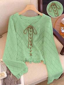 SHEIN LUNE Women's Fashionable Colorblock Tie-Up Hollow Floral Fringe Pullover Sweater, Autumn - Mint Green - View 7
