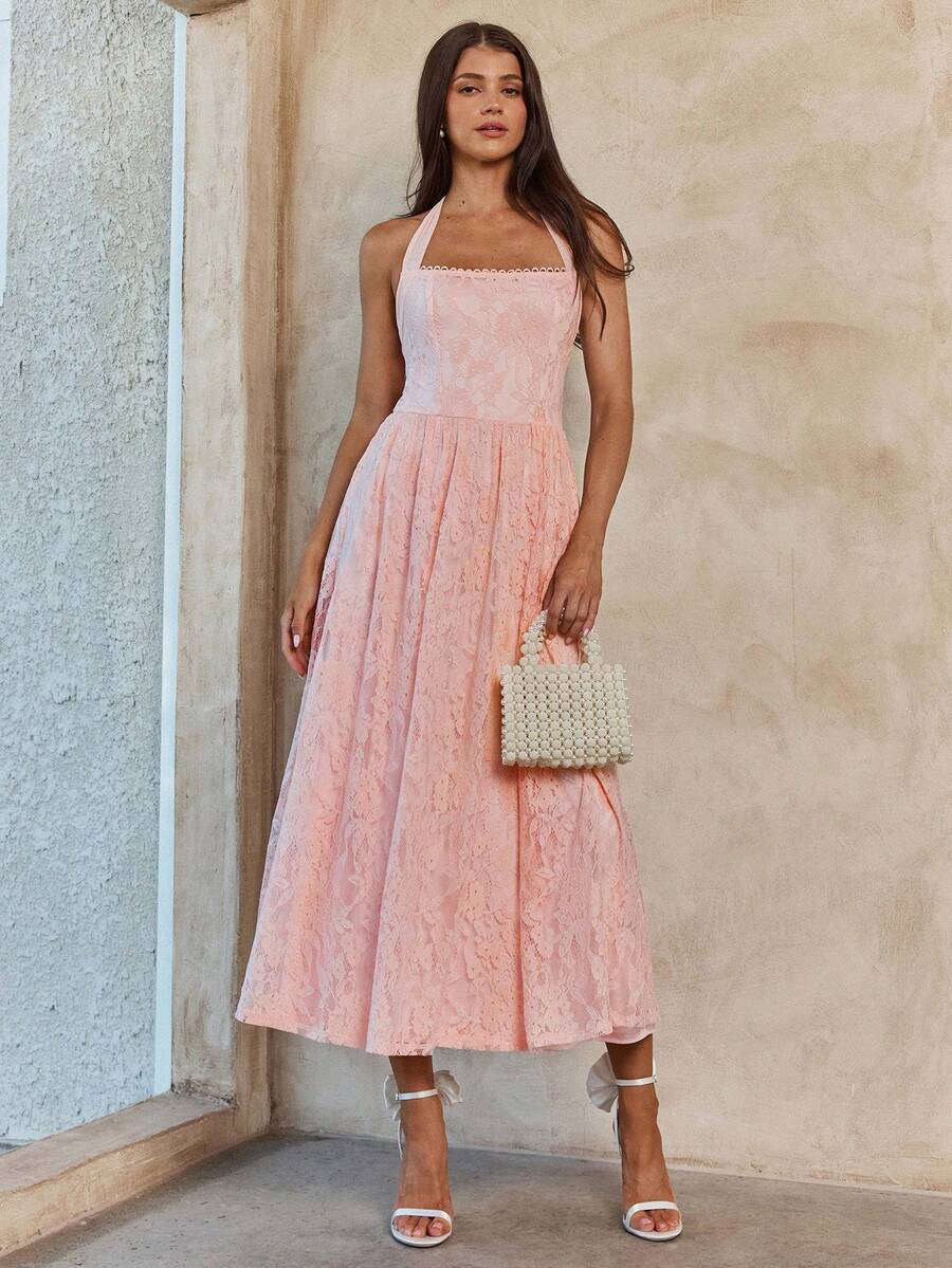 Enchnt Spring/Summer Romantic Women's Pink Sexy Halter Princess Lace Maxi Dress,Sweet&Elegant For Vacation&Date&Holiday&Going Out&Valentine's Day,Spring Outfit Women ,Summer Dress - Pink - View 1