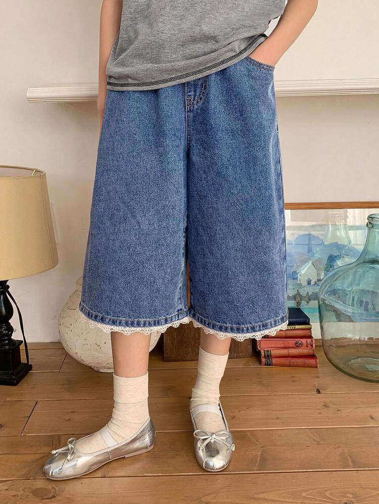 Tween Girls' Summer Casual Distressed Contrast Lace Denim Jeans