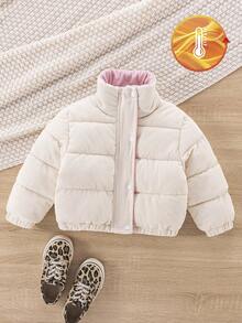 Sparklyn 年轻女孩冬季可爱米色灯芯绒领子棉衣，撞色衬里和纽扣开合，厚棉衣