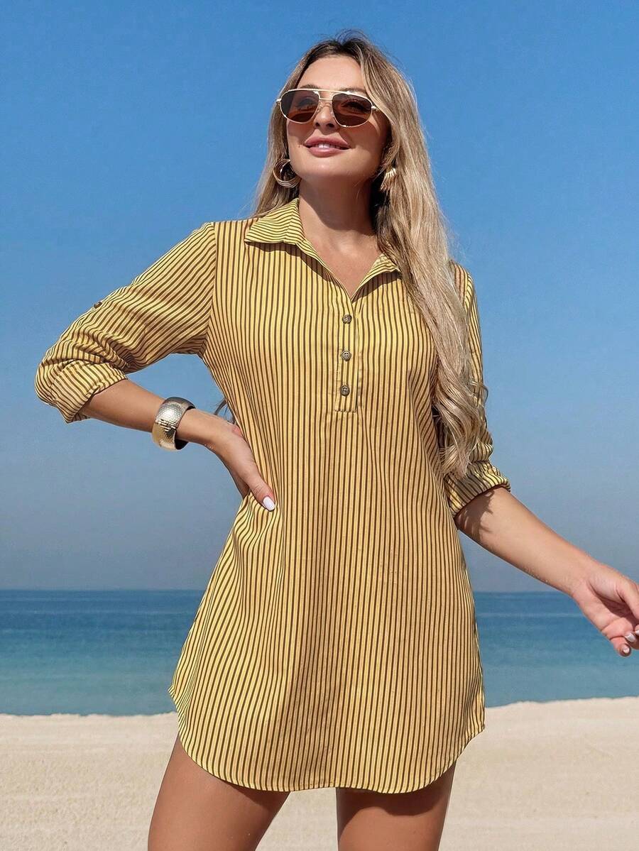 Swim Vcay Beach Dresses For Women Women's Mid-Length Striped Shirt Dress With Cuffed Sleeves Summer - Yellow - View 1