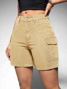 Jeanoix Quần short denim nữ có túi, cài nút, kiểu dáng thường ngày. - Màu Khaki - Xem 3