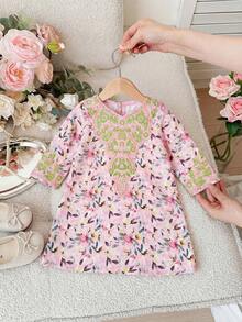 SHEIN Newborn Baby Girl Cute Floral Print Loose Long Sleeve Dress,Kids - Multicolor - View 6