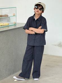 DAZY Bộ áo sơ mi ngắn tay kẻ sọc dáng rộng và quần dài cho bé trai tuổi teen. - Màu xanh lam - Xem 5