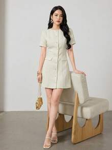 Heiryn Hàng mới về: Đầm ngắn nữ thanh lịch chất liệu vải tweed Pháp, thắt eo, thích hợp mặc đi làm hàng ngày. - Màu be - Xem 2