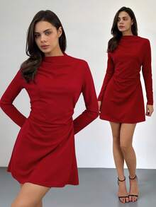 SHEIN Tall 女士优雅简约浪漫甜美荷叶边A字迷你连衣裙,适合通勤、婚礼、派对、音乐节、度假等场合 - 红色长袖,毕业典礼、教师装、秋季女装、复古风、办公室女装、秋季连衣裙 - 红色连衣裙 - 酒紅色 - 查看 5