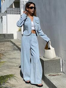 DAZY Women's Casual V-Neck Top And Flared Jeans Pants Suit - Medium Wash - View 5